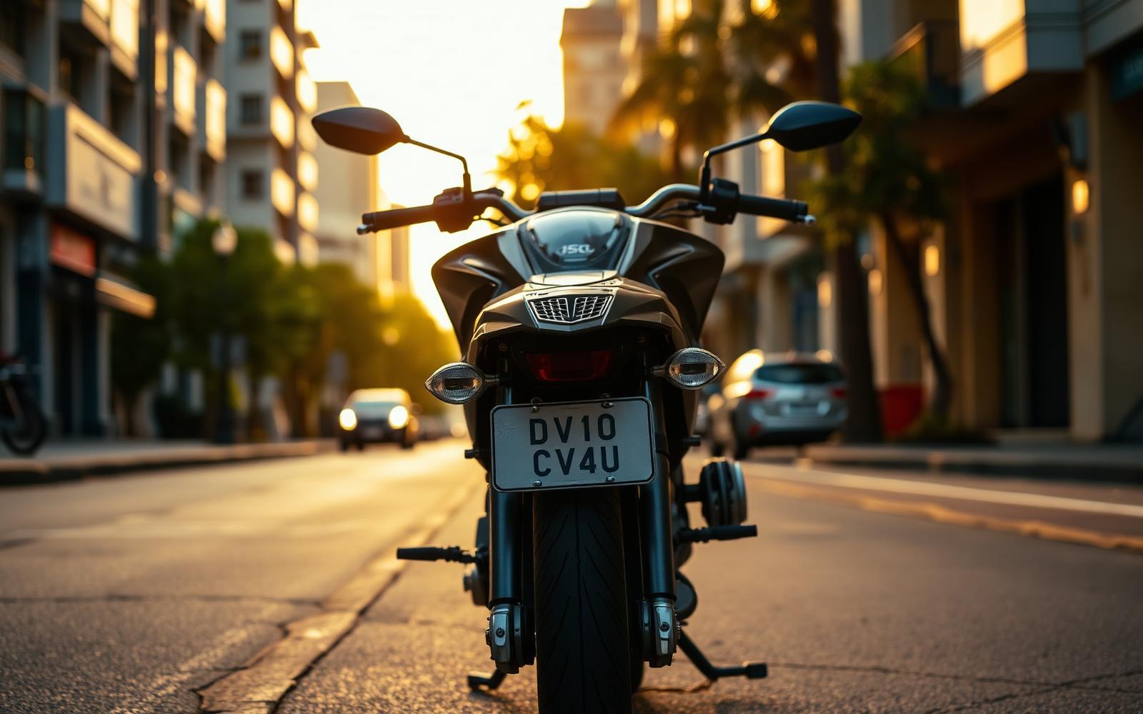 Traseira de uma moto estacionada em rua urbana ao entardecer, com a placa visível